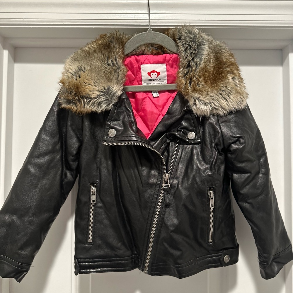 Appaman Black Faux Leather Jacket with Fur Collar